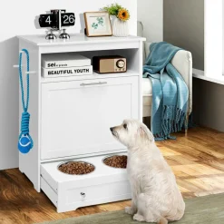 Tangkula Dog Food Storage Cabinet with Stainless Steel Double Pull Out Raised Dog Bowls for Feeding & Watering Supplies