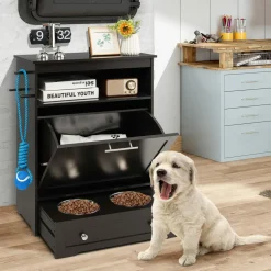 Tangkula Dog Food Storage Cabinet with Stainless Steel Double Pull Out Raised Dog Bowls for Feeding & Watering Supplies
