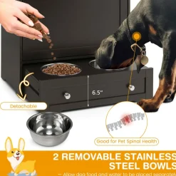 Tangkula Dog Food Storage Cabinet with Stainless Steel Double Pull Out Raised Dog Bowls for Feeding & Watering Supplies