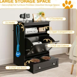 Tangkula Dog Food Storage Cabinet with Stainless Steel Double Pull Out Raised Dog Bowls for Feeding & Watering Supplies