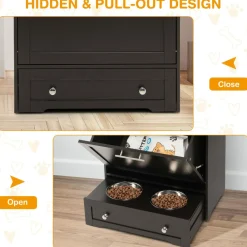 Tangkula Dog Food Storage Cabinet with Stainless Steel Double Pull Out Raised Dog Bowls for Feeding & Watering Supplies