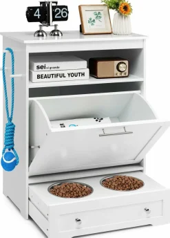 Tangkula Dog Food Storage Cabinet with Stainless Steel Double Pull Out Raised Dog Bowls for Feeding & Watering Supplies