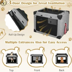 Tangkula 3-Door Folding Dog Crate, Soft Kennel with Removable Pad & Metal Frame