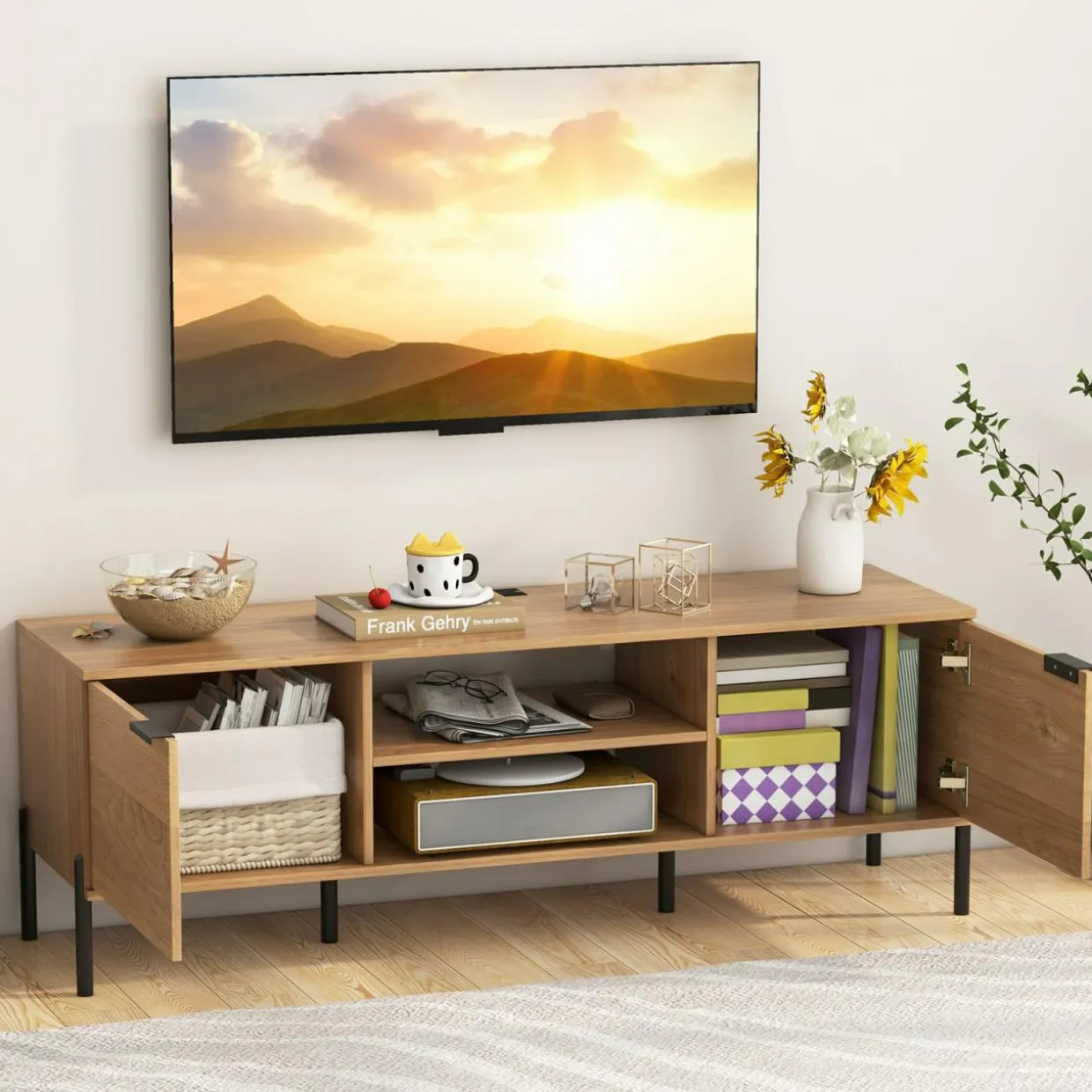Tangkula 2-Door TV Stand with Charging Station for TVs up to 65”