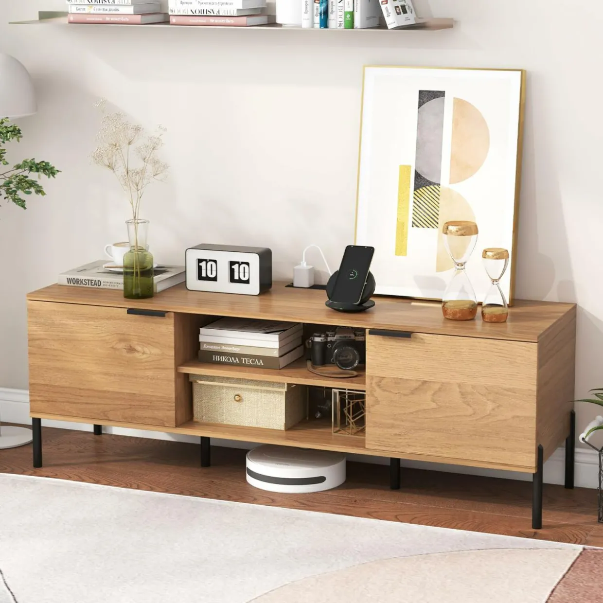 Tangkula 2-Door TV Stand with Charging Station for TVs up to 65”
