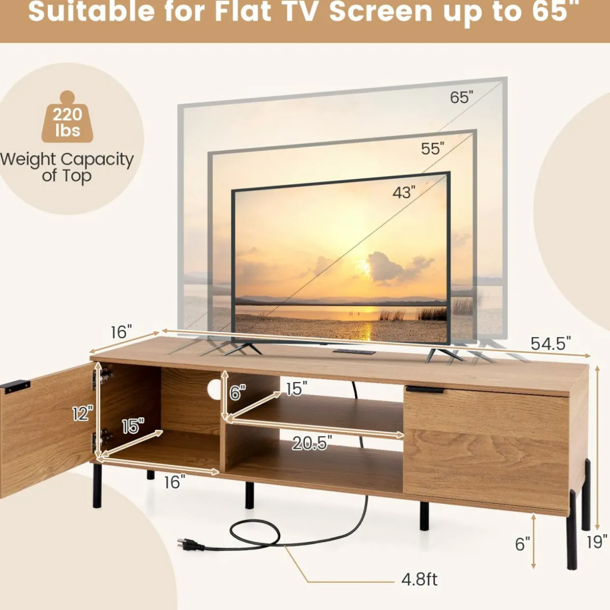 Tangkula 2-Door TV Stand with Charging Station for TVs up to 65”
