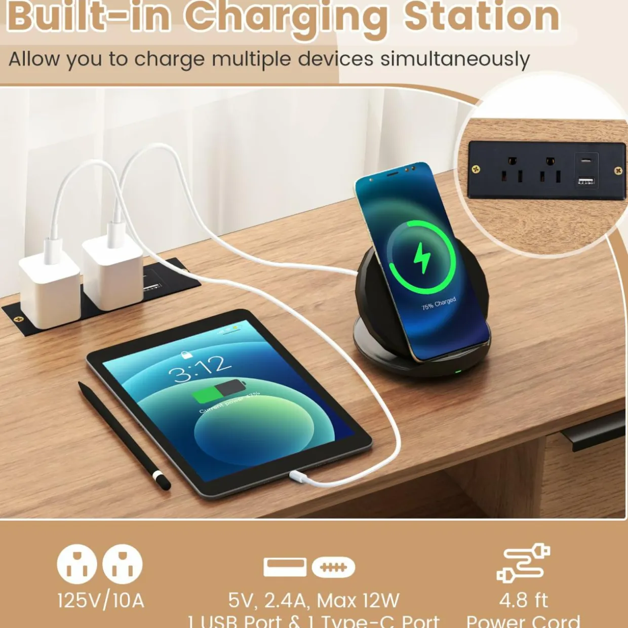 Tangkula 2-Door TV Stand with Charging Station for TVs up to 65”