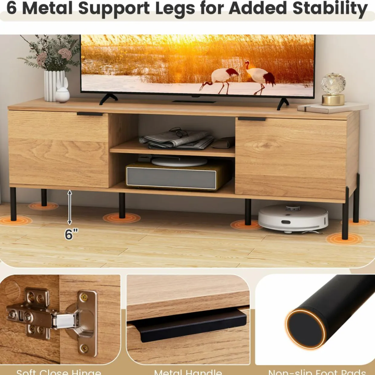 Tangkula 2-Door TV Stand with Charging Station for TVs up to 65”