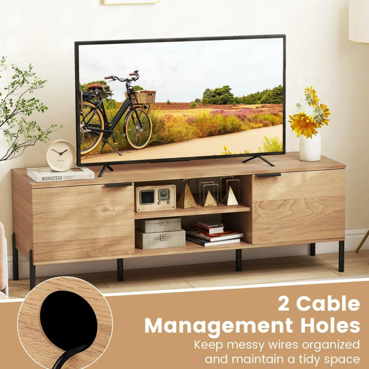 Tangkula 2-Door TV Stand with Charging Station for TVs up to 65”