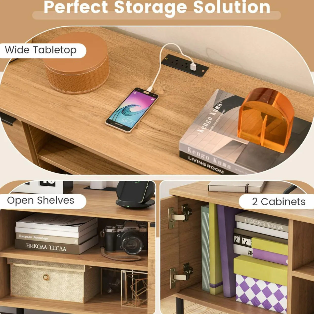 Tangkula 2-Door TV Stand with Charging Station for TVs up to 65”