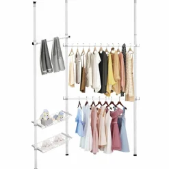 Tangkula Double 2 Tier Adjustable Closet System, Floor to Ceiling Clothes Hanger with 2 Storage Baskets & Inner Spring
