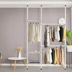 Tangkula Double 2 Tier Adjustable Closet System, Floor to Ceiling Clothes Hanger with 2 Storage Baskets & Inner Spring