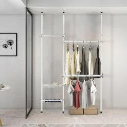Tangkula Double 2 Tier Adjustable Closet System, Floor to Ceiling Clothes Hanger with 2 Storage Baskets & Inner Spring