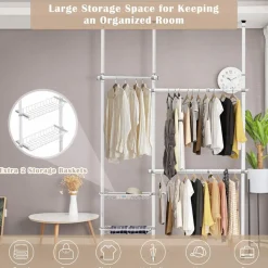Tangkula Double 2 Tier Adjustable Closet System, Floor to Ceiling Clothes Hanger with 2 Storage Baskets & Inner Spring