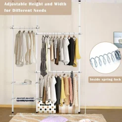 Tangkula Double 2 Tier Adjustable Closet System, Floor to Ceiling Clothes Hanger with 2 Storage Baskets & Inner Spring