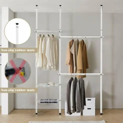 Tangkula Double 2 Tier Adjustable Closet System, Floor to Ceiling Clothes Hanger with 2 Storage Baskets & Inner Spring