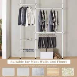 Tangkula Double 2 Tier Adjustable Closet System, Floor to Ceiling Clothes Hanger with 2 Storage Baskets & Inner Spring