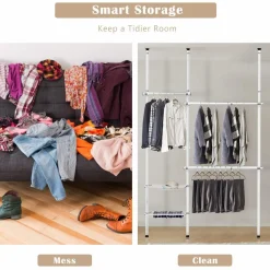 Tangkula Double 2 Tier Adjustable Closet System, Floor to Ceiling Clothes Hanger with 2 Storage Baskets & Inner Spring