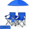 Tangkula Double Camping Chairs with Umbrella, Portable 2 Seat Folding Camp Chair with Cooler Bag