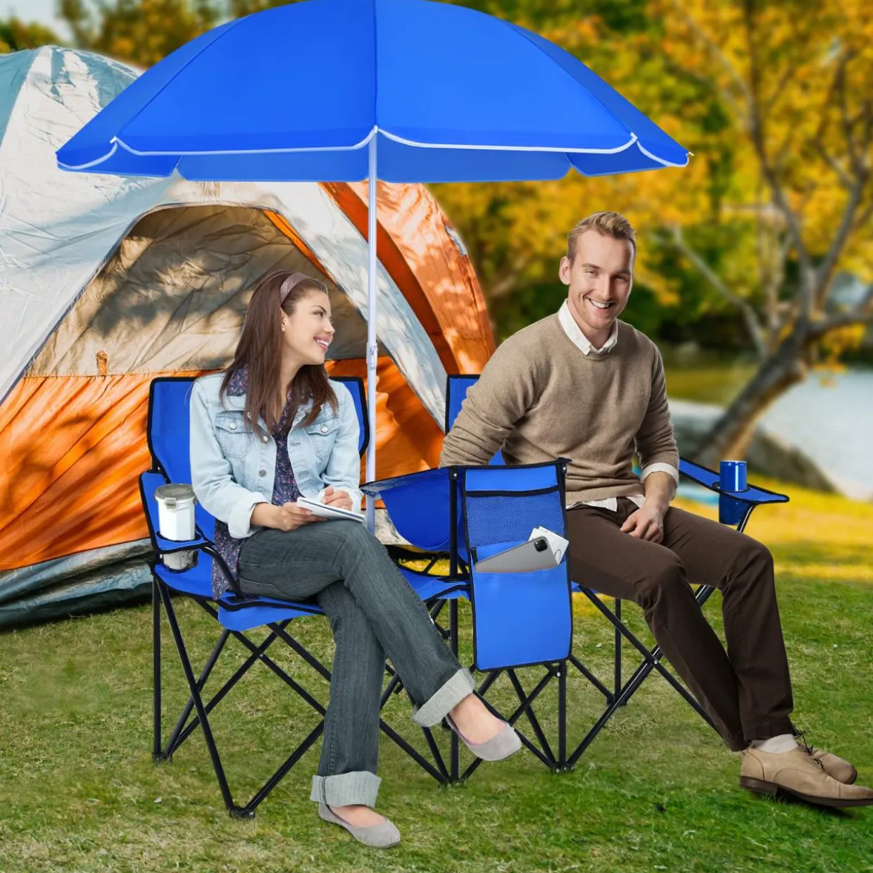 Tangkula Double Camping Chairs with Umbrella, Portable 2 Seat Folding Camp Chair with Cooler Bag