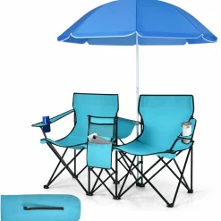 Tangkula Double Camping Chairs with Umbrella, Portable 2 Seat Folding Camp Chair with Cooler Bag