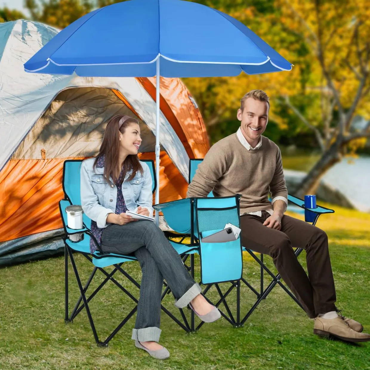 Tangkula Double Camping Chairs with Umbrella, Portable 2 Seat Folding Camp Chair with Cooler Bag