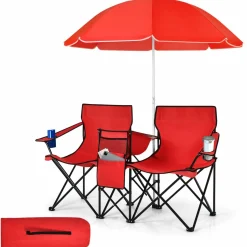 Tangkula Double Camping Chairs with Umbrella, Portable 2 Seat Folding Camp Chair with Cooler Bag