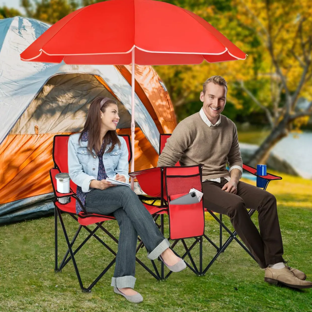 Tangkula Double Camping Chairs with Umbrella, Portable 2 Seat Folding Camp Chair with Cooler Bag