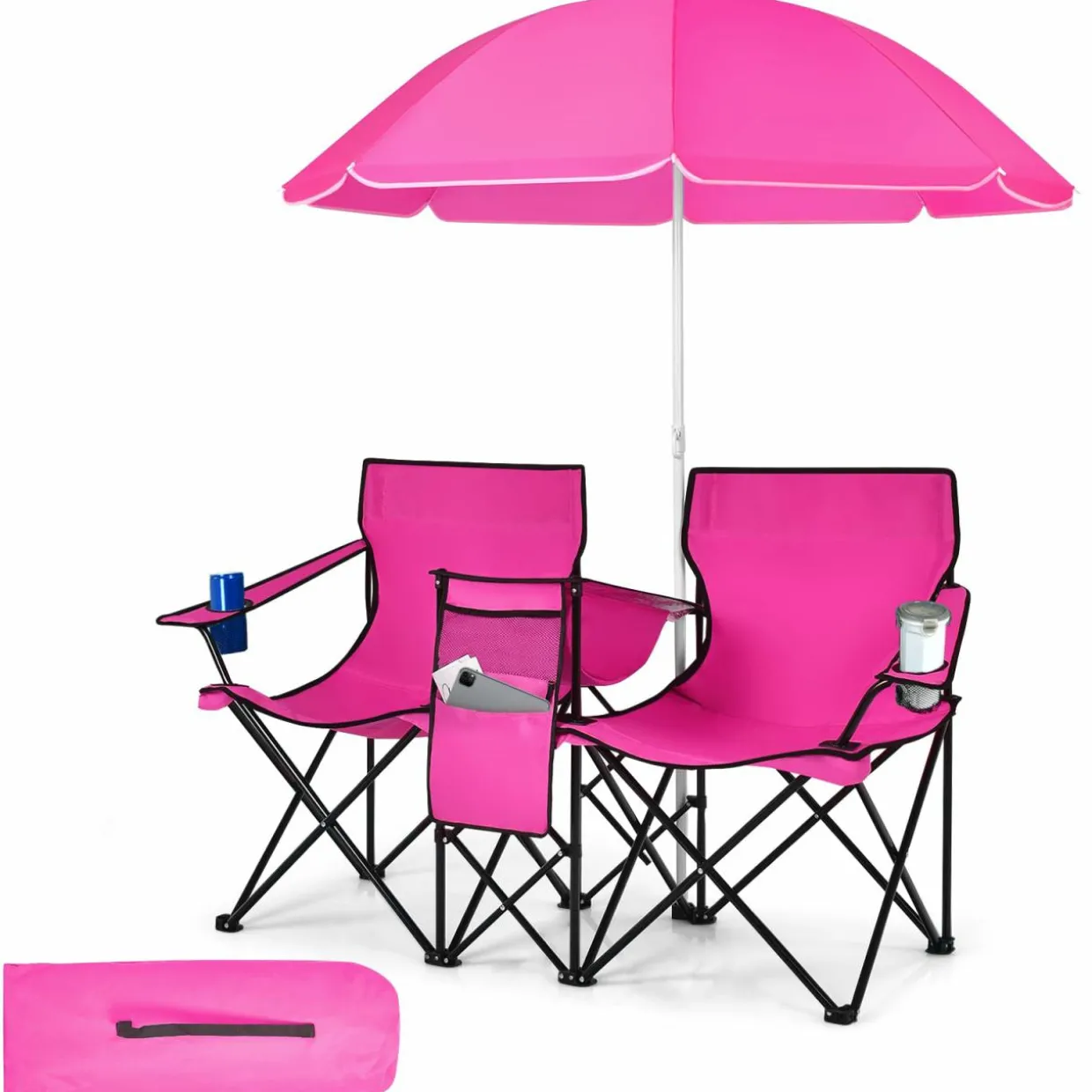 Tangkula Double Camping Chairs with Umbrella, Portable 2 Seat Folding Camp Chair with Cooler Bag