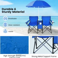 Tangkula Double Camping Chairs with Umbrella, Portable 2 Seat Folding Camp Chair with Cooler Bag