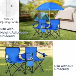 Tangkula Double Camping Chairs with Umbrella, Portable 2 Seat Folding Camp Chair with Cooler Bag