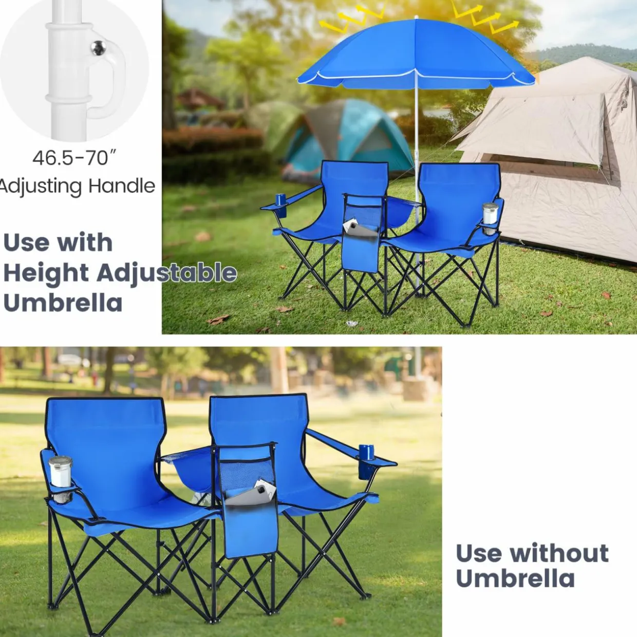 Tangkula Double Camping Chairs with Umbrella, Portable 2 Seat Folding Camp Chair with Cooler Bag