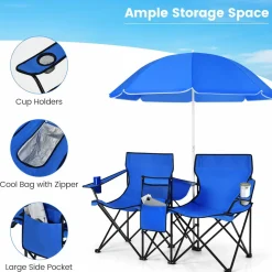 Tangkula Double Camping Chairs with Umbrella, Portable 2 Seat Folding Camp Chair with Cooler Bag