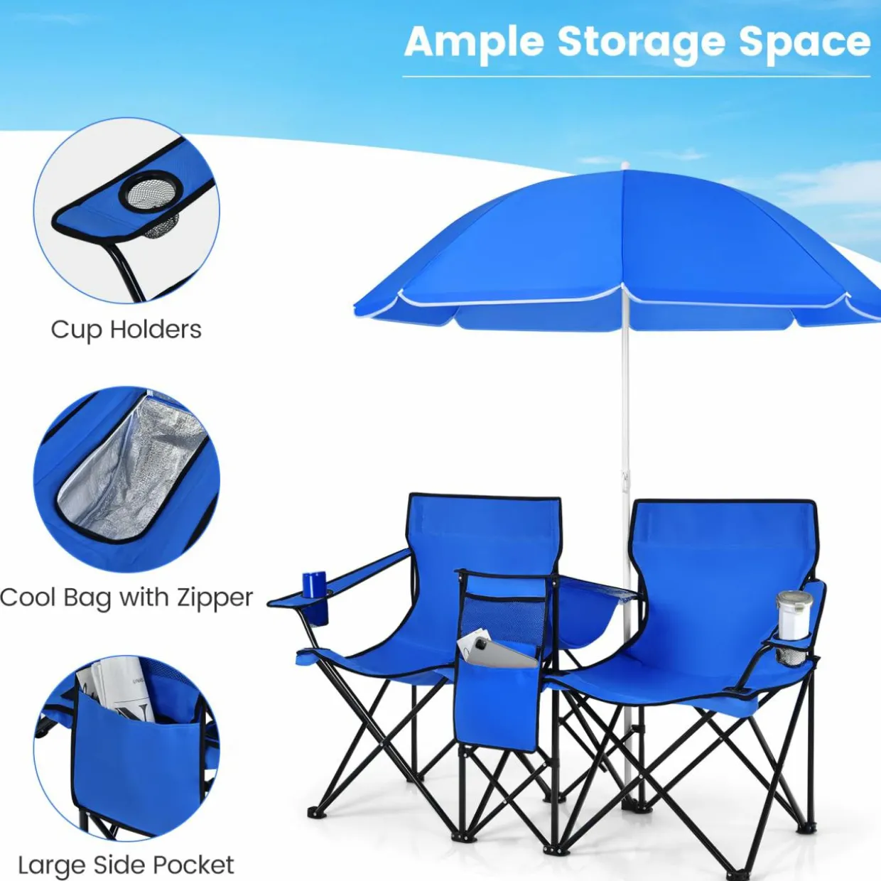 Tangkula Double Camping Chairs with Umbrella, Portable 2 Seat Folding Camp Chair with Cooler Bag