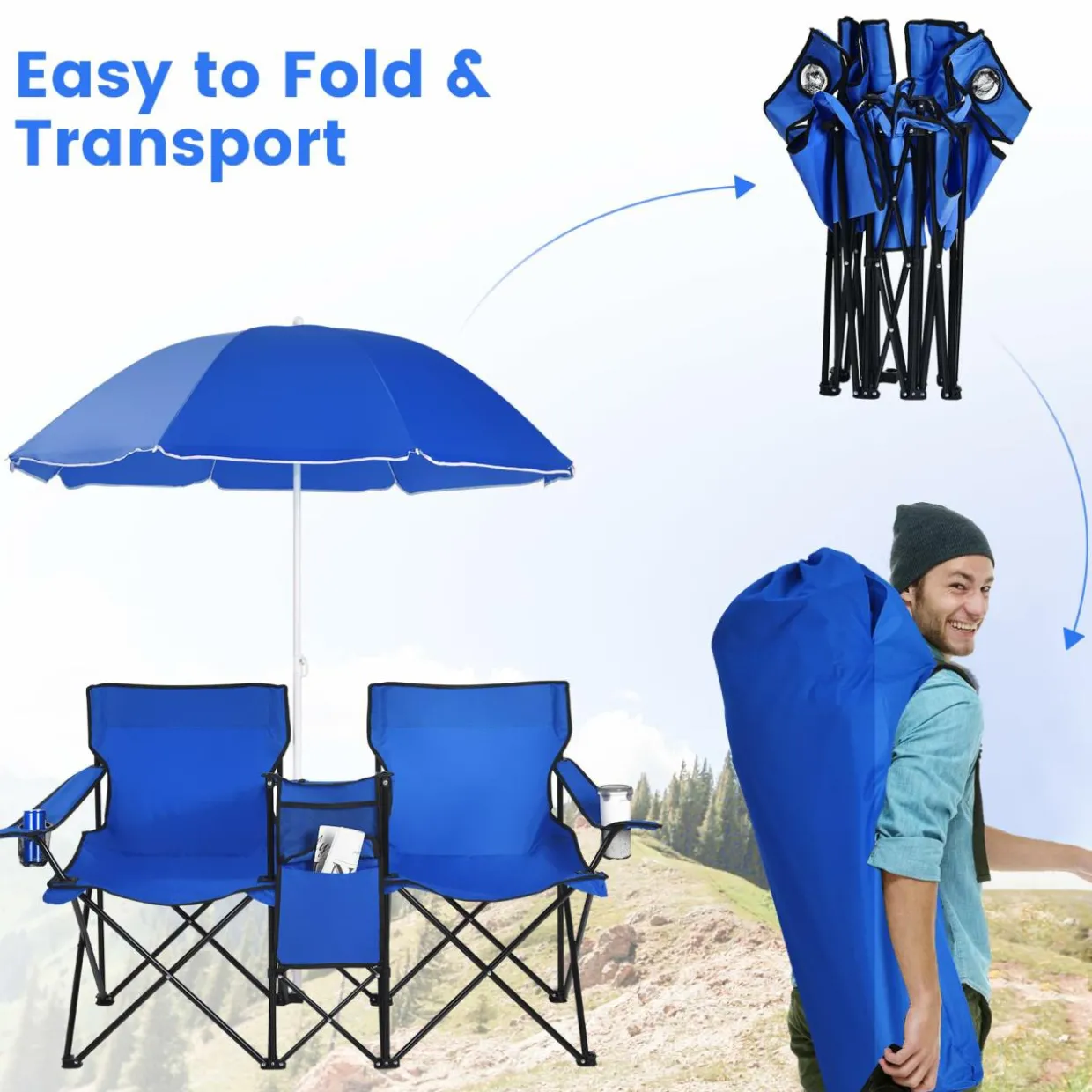 Tangkula Double Camping Chairs with Umbrella, Portable 2 Seat Folding Camp Chair with Cooler Bag
