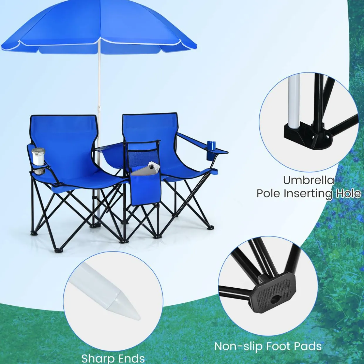 Tangkula Double Camping Chairs with Umbrella, Portable 2 Seat Folding Camp Chair with Cooler Bag
