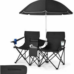 Tangkula Double Camping Chairs with Umbrella, Portable 2 Seat Folding Camp Chair with Cooler Bag