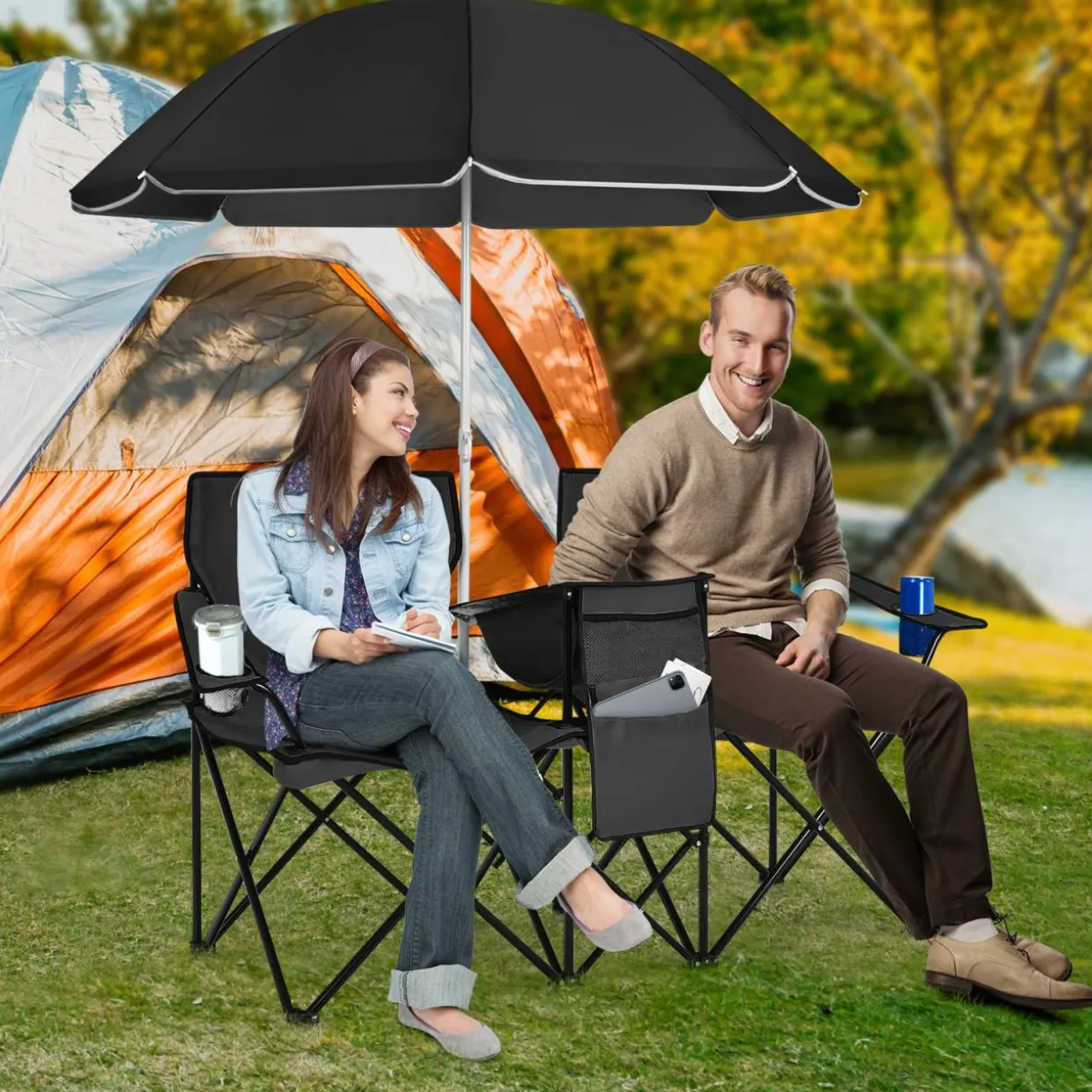 Tangkula Double Camping Chairs with Umbrella, Portable 2 Seat Folding Camp Chair with Cooler Bag