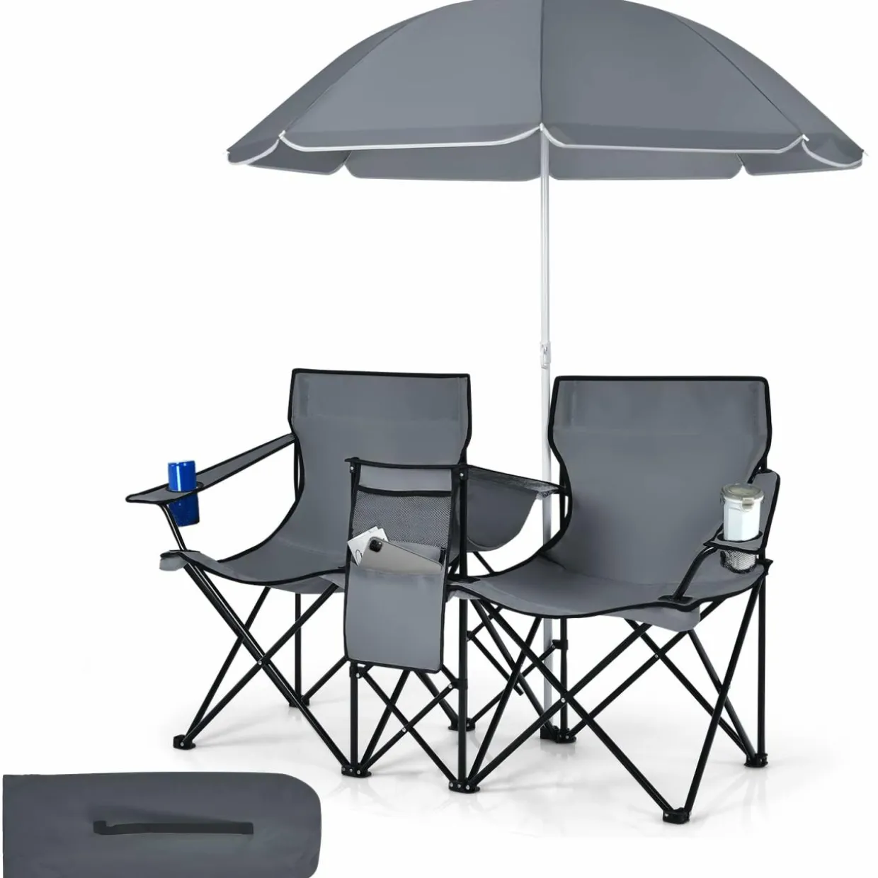 Tangkula Double Camping Chairs with Umbrella, Portable 2 Seat Folding Camp Chair with Cooler Bag