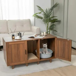 Tangkula Double Cat Litter Box Enclosure for 2 Cats, Large Stackable Hidden Privacy Cat Washroom Cabinet with Scratching Board