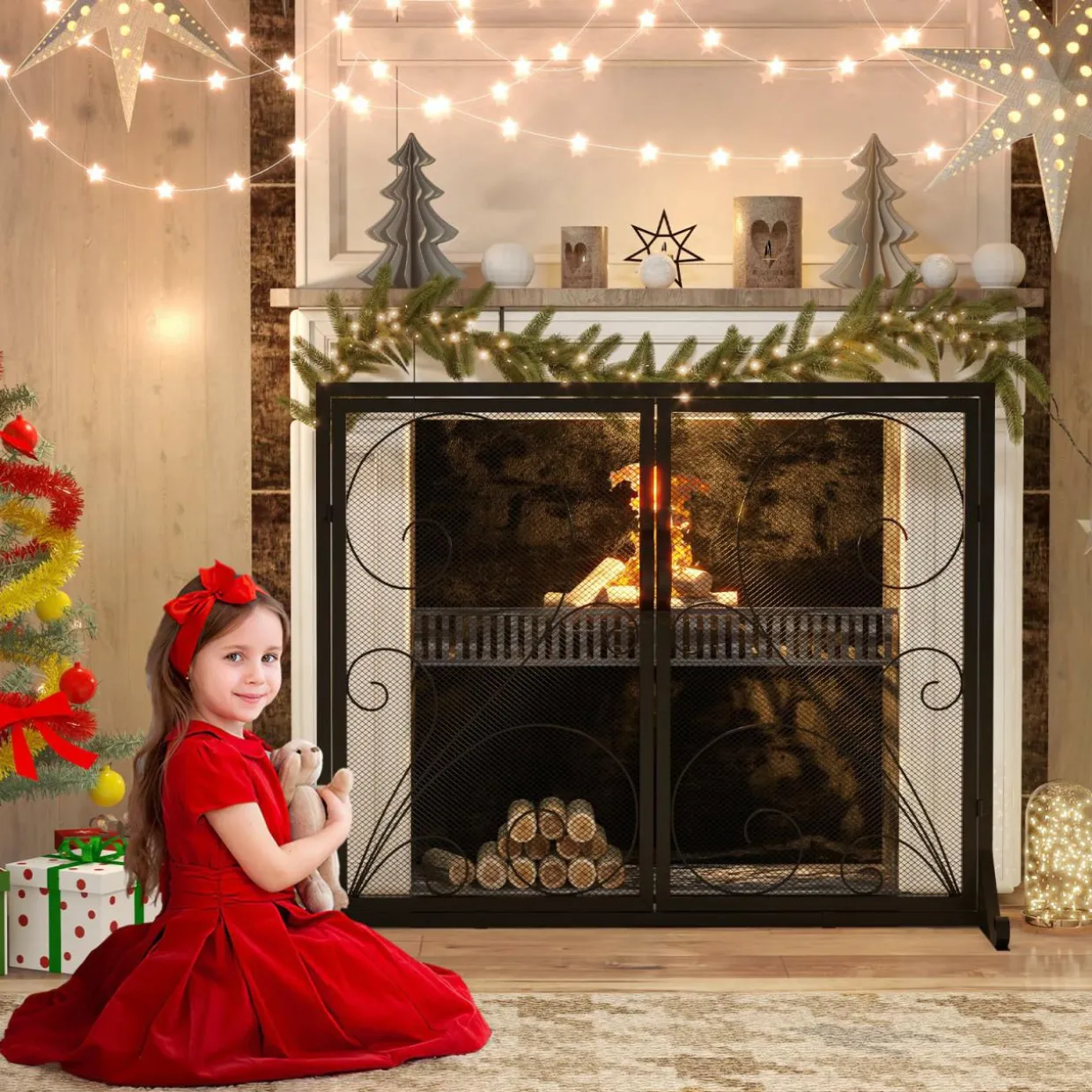 Tangkula Double Door Fireplace Screen, 38 x 31 Inch Flat Fire Guard Screen w/Magnetic Panels