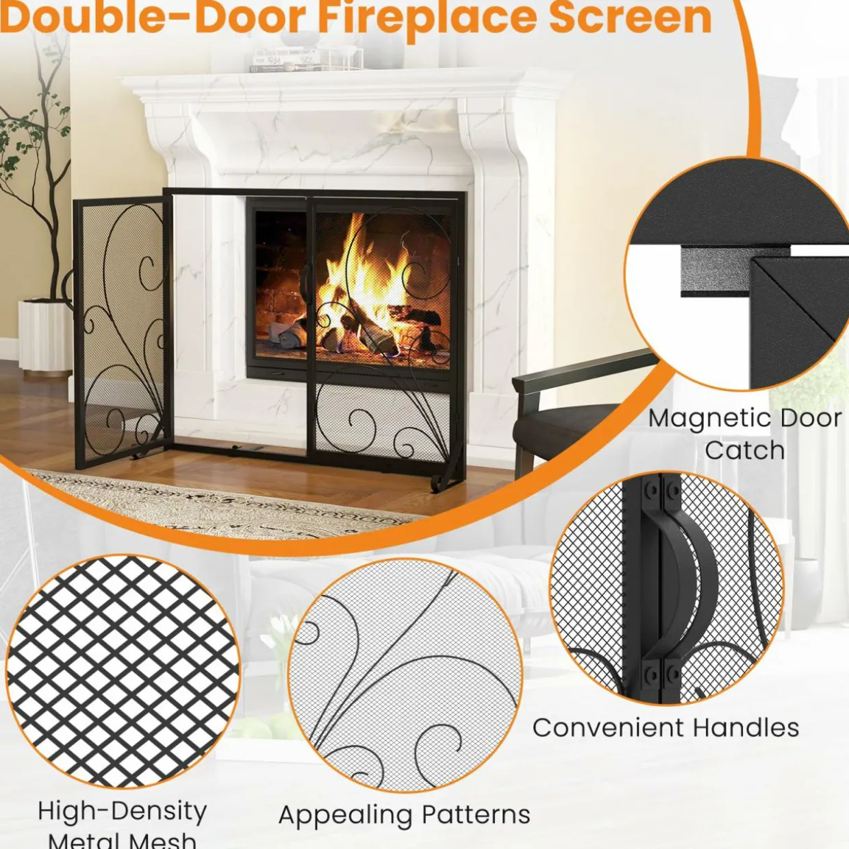 Tangkula Double Door Fireplace Screen, 38 x 31 Inch Flat Fire Guard Screen w/Magnetic Panels