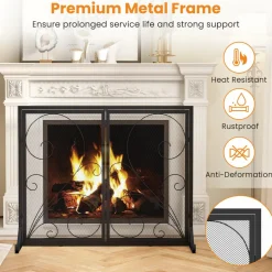 Tangkula Double Door Fireplace Screen, 38 x 31 Inch Flat Fire Guard Screen w/Magnetic Panels