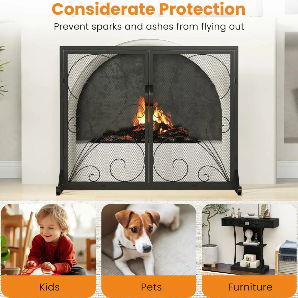 Tangkula Double Door Fireplace Screen, 38 x 31 Inch Flat Fire Guard Screen w/Magnetic Panels