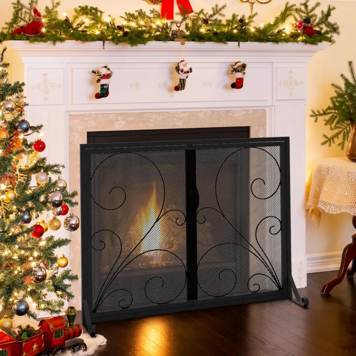 Tangkula Double Door Fireplace Screen, 38 x 31 Inch Flat Fire Guard Screen w/Magnetic Panels