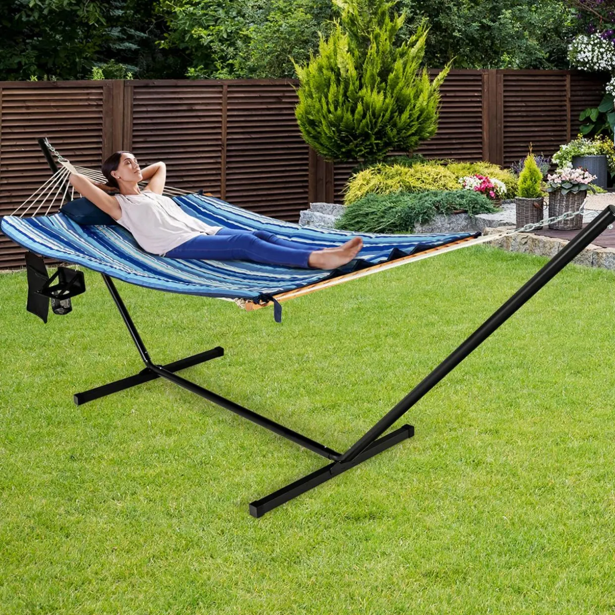 Tangkula Double Hammock with Stand, 2 Person 12Ft Steel Hammock Stand with Cotton Hammock