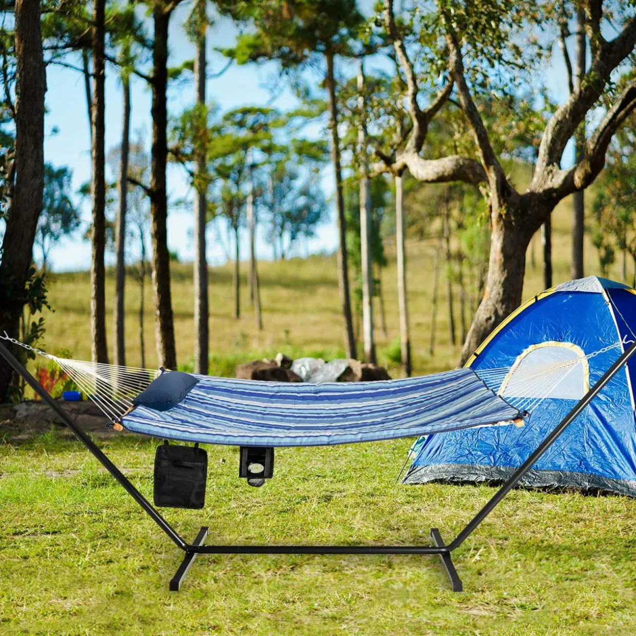 Tangkula Double Hammock with Stand, 2 Person 12Ft Steel Hammock Stand with Cotton Hammock