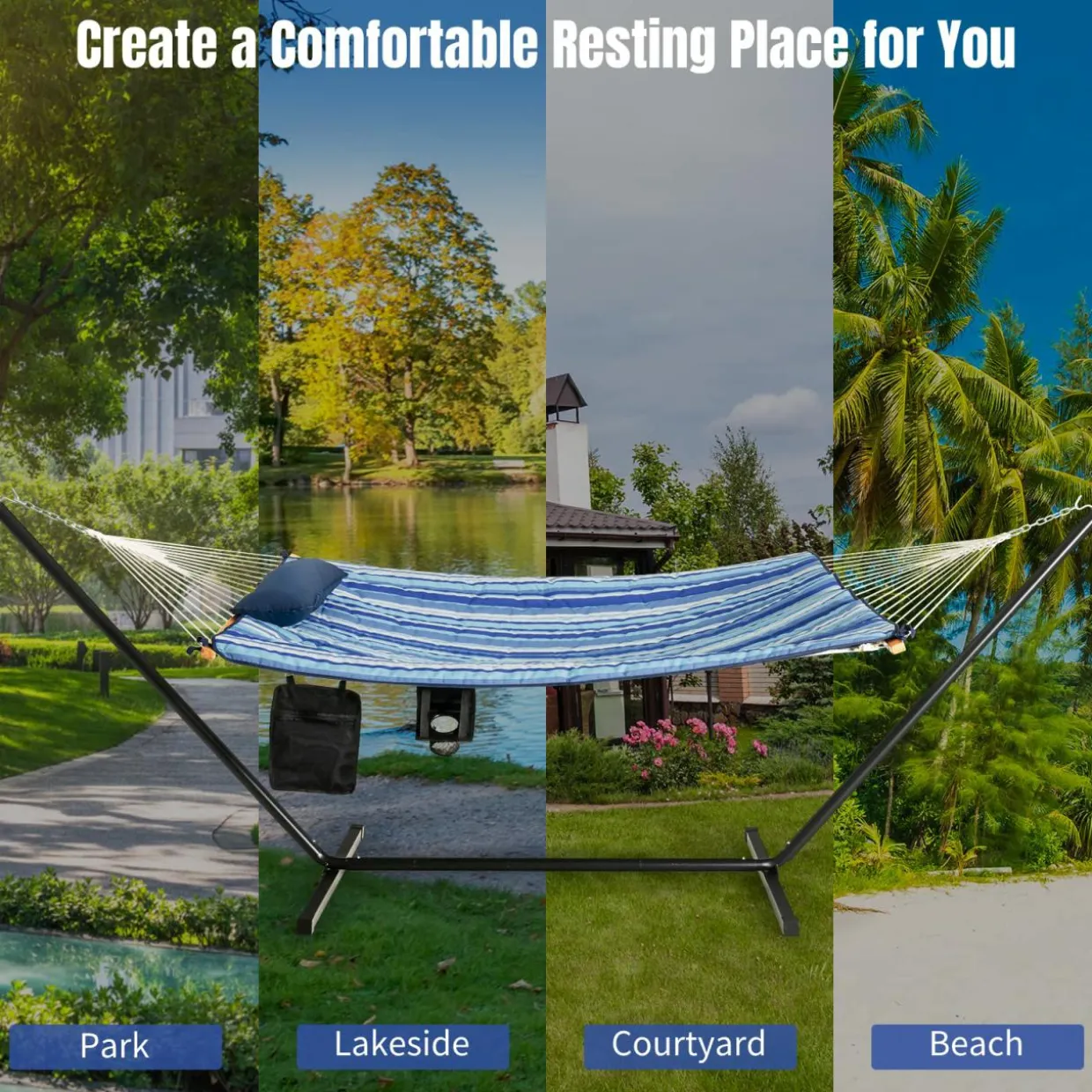Tangkula Double Hammock with Stand, 2 Person 12Ft Steel Hammock Stand with Cotton Hammock