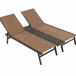 Tangkula Double Patio Chaise Lounge, All Weather-Proof Heavy Duty 6 Position Adjustable Breathable Fabric Outdoor Bed Lounger with Cup Holder