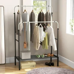 Tangkula Double Rod Clothes Garment Rack with Adjustable Heights (Black & Silver)